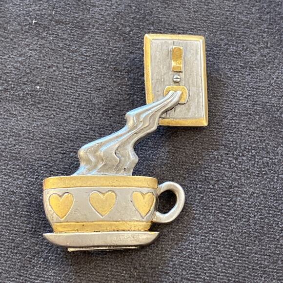 Cintika 1992 Vintage Pewter Coffee Cup Espresso & Light Switch Electric Brooch - Picture 1 of 3